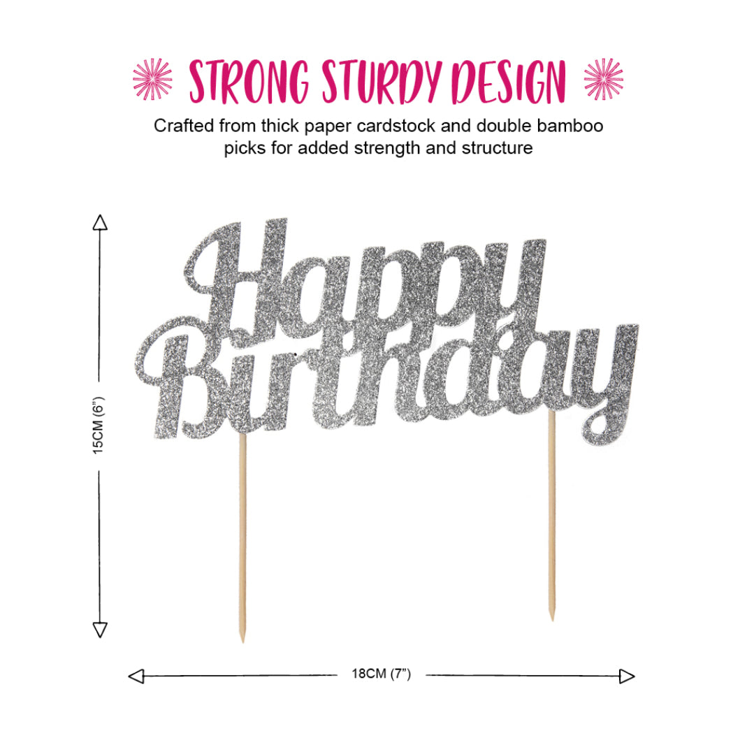 Glitter Happy Bday Cake Topper Silver