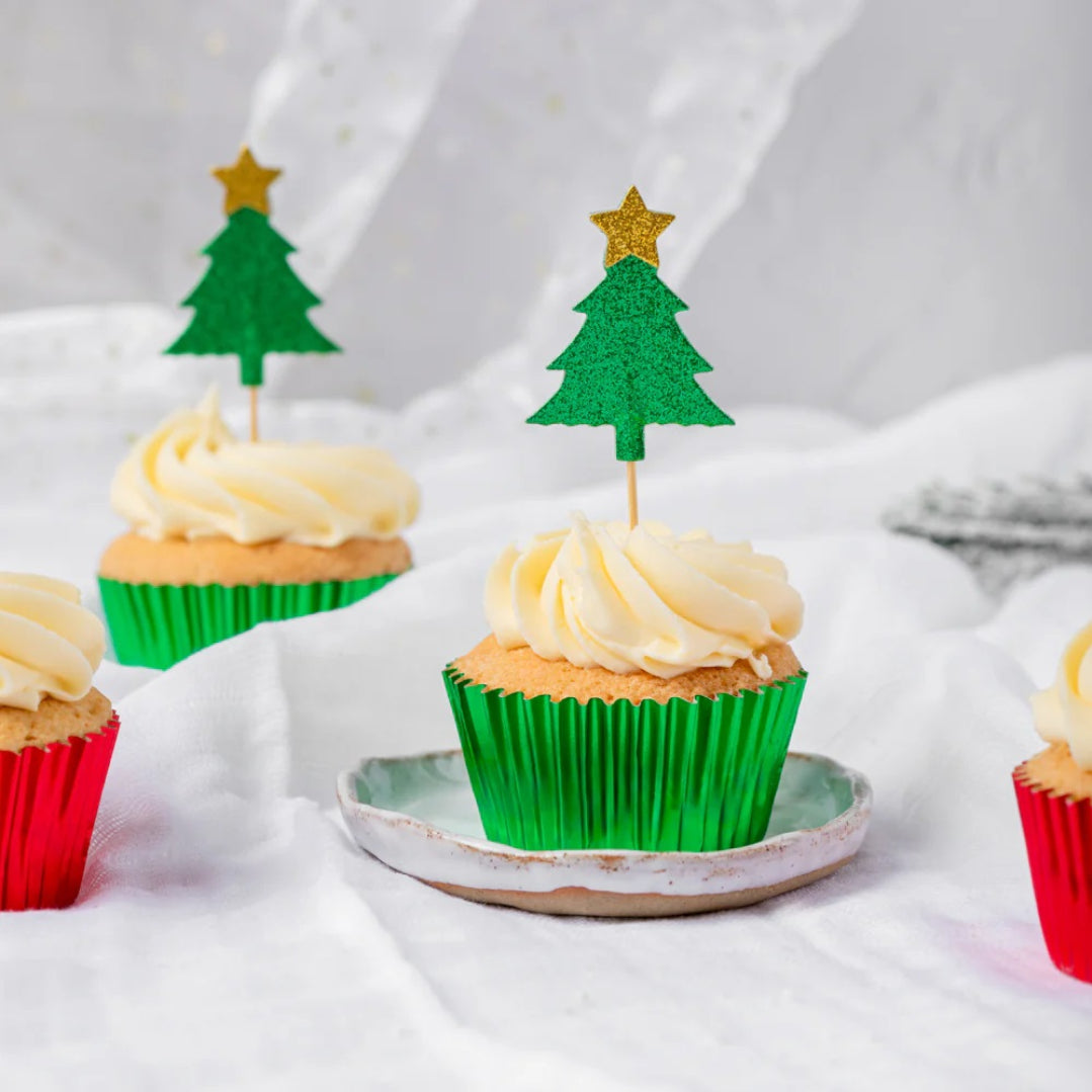 Glitter Christmas Tree Cupcake Toppers Green 12pk