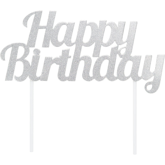 Glitter Happy Bday Cake Topper Silver