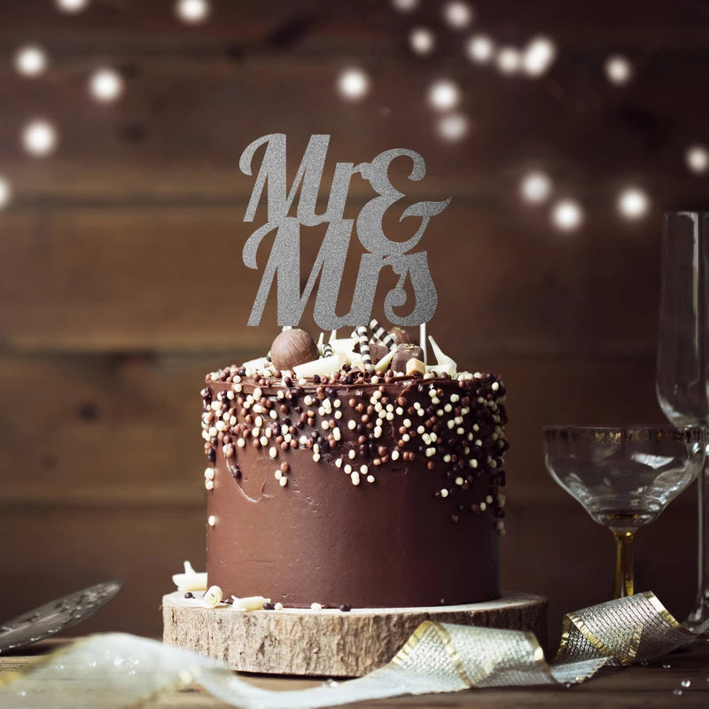 Glitter Mr & Mrs Cake Topper Silver